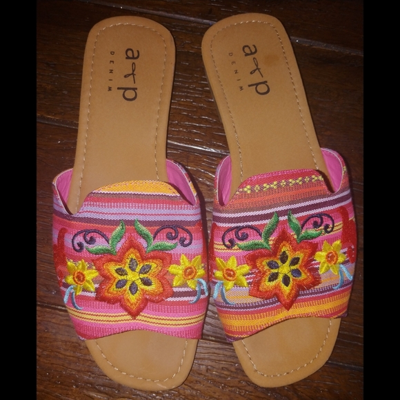 ap denim Shoes - Serape floral embroidery slide sandals A&P denim